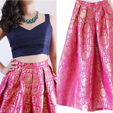 Indian Skirt And Top, Indian Crop Tops, Pink Blouse Designs, Raw Silk Dress, Brocade Lehenga, Pink Brocade, Blouse Lehenga, Lehenga Choli For Women, Choli For Women