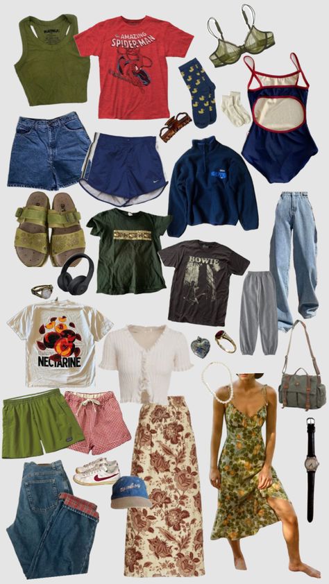 Cool Toned Summer Outfits, Aesthetic Clothes Vintage Summer, Indy Outfits Summer, Summer Needs Clothes, Retro Summer Style, Aesthetic Summer Camp Outfits, Retro Shorts Outfit, 90s Summer Camp Outfits, Groovy Summer Outfits