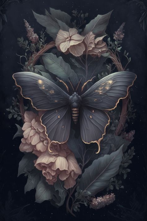 ArtStation - Soft Botanical Gothic Moth Painting v1 Gothic Floral Painting, Moth Art Illustration, Soft Gothic Aesthetic, Gothic Art Painting, Witchy Images, Botanical Gothic, Gothic Botanical, Moth Aesthetic, Moth Wallpaper