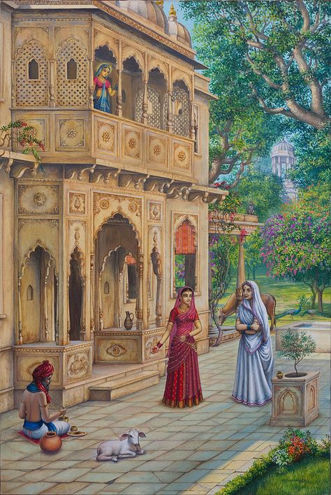 Purnamasi in house of Kirtida Print by Vrindavan Das. Indian painting Indian Paintings Traditional, Rajasthani Painting, राधा कृष्ण वॉलपेपर, India Painting, Timur Tengah, Indian Illustration, Arte Folk, Art Indian, Art Village