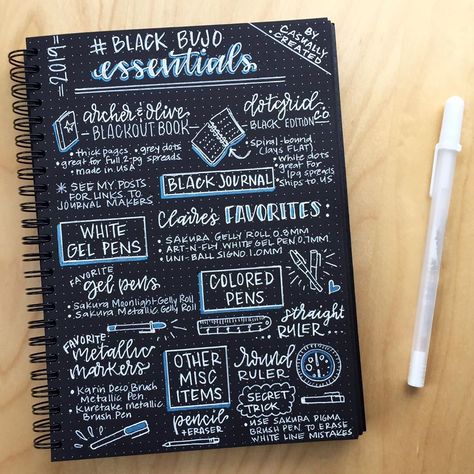 Casually Created on Instagram: “Black Bujo essentials — a list of supplies needed to get started with your very own! 📓🖊 Also check out my IG story for tips, tricks &…” Black Bujo, Journaling Tools, Black Journal, Gel Pens Coloring, Black Journals, Bullet Journal 2020, Black Bullet, Bullet Journal Hacks, Bullet Journal Notebook