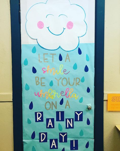 Rain, rain, go away. Come again another day! 🌧☔️ New spring classroom door inspired by @schoolwithjules ! Stay positive everyone! 🤗 . . . .… Rain Theme Classroom Door, Rain Day Decoration In School, Weather Classroom Door Ideas, Rain Classroom Decorations, Rainy Season Classroom Decoration, April Theme Classroom Door, Rainy Day Bulletin Board Ideas, Kindergarten Classroom Door Decorations, Rain Bulletin Board Ideas