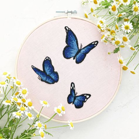 Blue Butterfly Embroidery, Butterfly Embroidery Designs, Embroidery Butterfly, Blue Morpho Butterfly, Morpho Butterfly, Blue Morpho, Embroidered Butterfly, Butterfly Embroidery, Japanese Embroidery