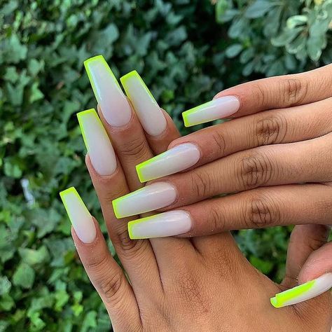 Acrylic Nails Neon, Neon Acrylic Nails, Neon Green Nails, Nails Neon, Green Acrylic Nails, Milky Nails, Drip Nails, White Acrylic Nails, Long Acrylic Nails Coffin