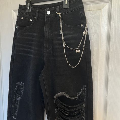 Cider Black Ripped Jeans Butterfly Chain Size: Small 100% Cotton New With Tags Ripped Jeans Chains, Black Ripped Jeans Aesthetic, Goofy Aaah, Black Clothes Aesthetic, Ripped Jeans Aesthetic, Jeans Makeover, Jeans Chains, Skater Boy Style, Kohls Outfits