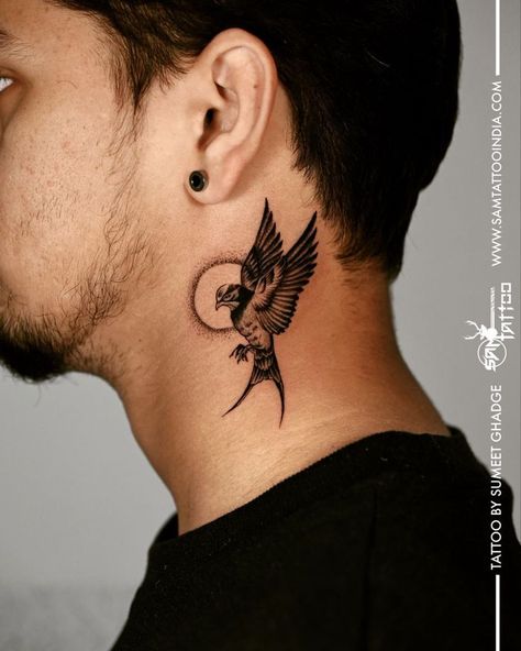 Neck Tattoos For Men Black, Simple Neck Tattoos, Bird Tattoo Neck, Neck Tattoos For Men, Front Neck Tattoo, Swallow Bird Tattoos, Herren Hand Tattoos, Neck Tattoo Ideas, Bird Tattoo Men