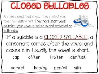 First Grade Fanatic!: closed and open syllables Closed Syllables Anchor Chart, Syllables Anchor Chart, Anchor Charts First Grade, 3rd Grade Words, Open Syllables, Syllables Activities, Closed Syllables, First Grade Phonics, Reading Anchor Charts