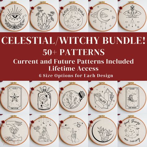 Witchy and Celestial Embroidery PDF Patterns Bundle, Beginner Hand Stitching, Needlepoint Design Files for DIY Hoop Art, Instant Download Digital Files with 6 Different Size options is ready to download in our shop! Reverse images are also included. In 24 hours after your purchase, you will receive a link to our Google Drive. There you will be able to download all of our embroidery patterns and have a lifetime access of all our embroidery patterns. WHAT YOU WILL GET: * PDF templates with 6 different size options for all the categories except Monogram patterns.  * Size options: 3"/7.6 cm, 4"/10.16 cm, 5"/12.7 cm, 6"/16.24 cm, 7"/17.7 cm and 8"/20.32 cm * Size options for Monogram designs: 4 inch/10.16 cm, 6 inch/16.24 cm and 8 inch/20.32 cm * Reverse versions of the patterns in each size op Pagan Embroidery Patterns, Yule Embroidery Pattern, Free Embroidery Patterns Pdf, Embroidery Witchcraft, Witchy Sewing Projects, Witchy Embroidery Patterns, Embroidery Witchy, Embroidery Ideas For Beginners, Witchy Embroidery