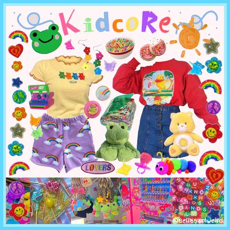 Plus Size Kidcore Outfits, Kidcore Summer Outfit, Nostalgia Core Outfits, Kidcore Outfit Ideas, Rainbow Aesthetic Outfit, Rainbowcore Outfit, Childcore Aesthetic, Rainbow Outfit Aesthetic, Kid Core Aesthetic Outfit