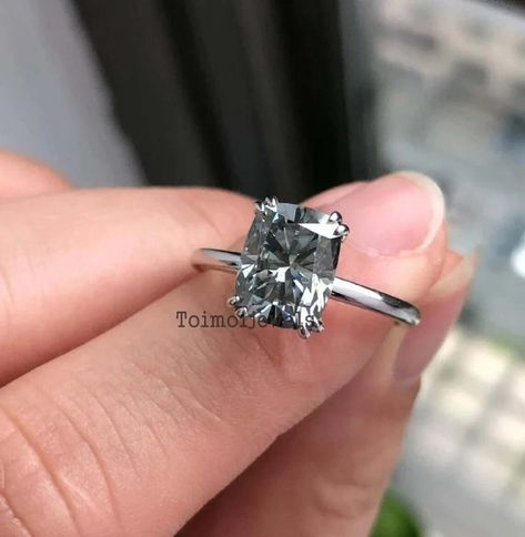 Grey Moissanite Engagement Ring, Grey Moissanite, Gray Moissanite, Grey Diamond Ring, Ring Hidden Halo, Box Wrapping, Halo Wedding Ring, Elongated Cushion Cut, Cushion Cut Diamond Ring