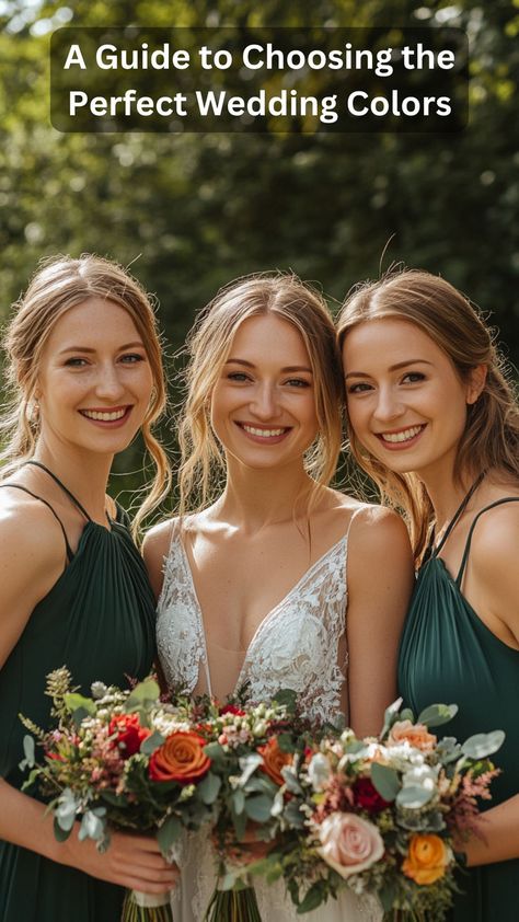 Bride with her bridesmaids. They are wearing forest green colored dresses Late Summer Wedding Bridesmaid Dresses, Wedding Colors For Summer, Summer Wedding Bridesmaid Dresses, Bridesmaid Dress Color Schemes, Summer Weddings Bridesmaids, Late Summer Wedding, Best Wedding Colors, Late Summer Weddings, Bridesmaid Dress Colors