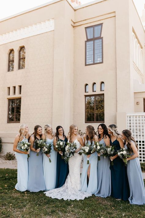 Blue Boho Bridesmaid Dress, Multiple Shades Of Blue Bridesmaid Dresses, Blue Western Bridesmaid Dresses, Various Blue Bridesmaid Dresses, Bridesmaids Dresses Dusty Blue, Dusty Blue And Taupe Bridesmaid Dresses, Azazie Color Palette, Different Blues Bridal Party, Azazie Color Combinations