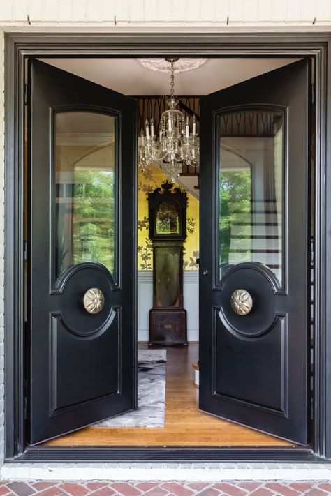 Art Deco Front Door, Doors Front Entrance, Front Foor, Side Entry Door, French Doors With Transom, Entrance Wood Door, Traditional French Doors, Black French Doors, Single French Door