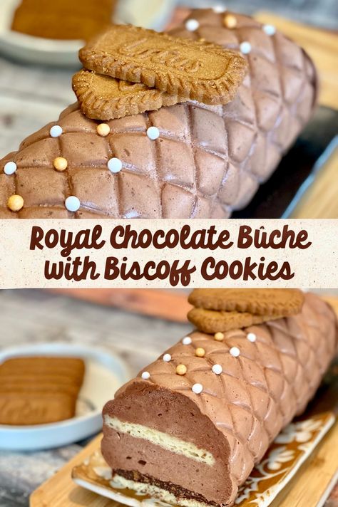 This Royal Chocolate Mousse shaped into a Yule log is to fall in love with. Follow these easy steps to WOW your Guests and family this season! Easy French Recipes, Applesauce Cake, Biscoff Cookies, Yule Log, Apple Cake, French Food, Easy Chocolate, Chocolate Mousse, Dark Chocolate Chips