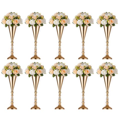 Trumpet Vase Centerpiece, Gold Vase Centerpieces, Gold Wedding Centerpieces, Tall Flower Vase, Wedding Vase Centerpieces, Metal Wedding, Wedding Reception Centerpieces, Gold Vases, Wedding Props