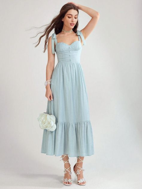 Enchnt Summer Vacation Beach Blue Green Simple Daily Bow Straps Flowy Long Breast Cup Exquisite Long DressI discovered amazing products on SHEIN.com, come check them out! Blue Summer Dress Outfit, Flowy Long Dress, Dress For The Beach, Spaghetti Strap Summer Dress, Bow Straps, Flowy Dress Long, Beach Fits, Blue Summer Dresses, Beach Blue