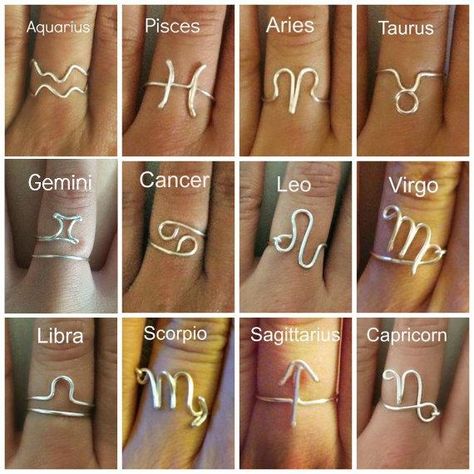 If you are a strong believer in zodiac signs, you must wish to have some symbols of your own zodiac sign.  Find the below 12 wire rings for different zodiac signs, you can do with pliers for a try.… Cincin Diy, Zodiac Sign Fashion, Buat Pita, Wire Jewelry Rings, Zodiac Rings, Pola Gelang, Zodiac Star Signs, Diy Wire Jewelry, Zodiac Symbols