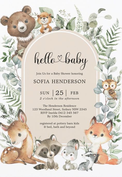 Hello baby! Cute watercolor woodland forest animals themed baby shower invitations. Rustic woodland baby shower invites featuring adorable forest animals. afflink Woodland Baby Shower Theme Boy Forest Animals Invitations, Gender Reveal Woodland Theme, Woodland Baby Shower Theme Invitations, Forest Baby Announcement, Baby Animal Theme Baby Shower Ideas, Woodland Boy Baby Shower Ideas, Baby Woodland Baby Shower Theme, Woodland Baby Boy Shower Theme, Baby Animal Shower Theme