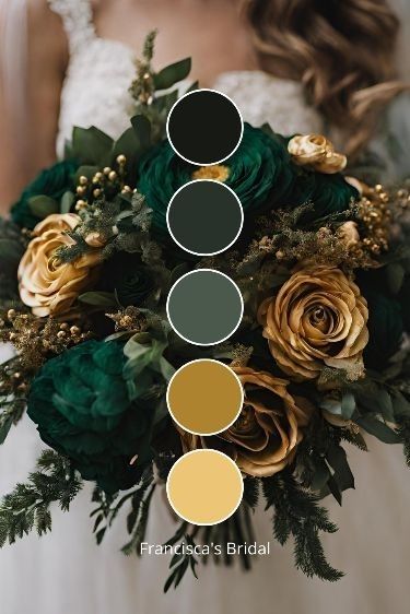 Dark Green And Gold Wedding, Green And Gold Wedding, Wedding Theme Color Schemes, Dark Green Wedding, Gold Wedding Colors, Wedding Theme Ideas, Color Design Inspiration, Wedding Color Ideas, Green Themed Wedding