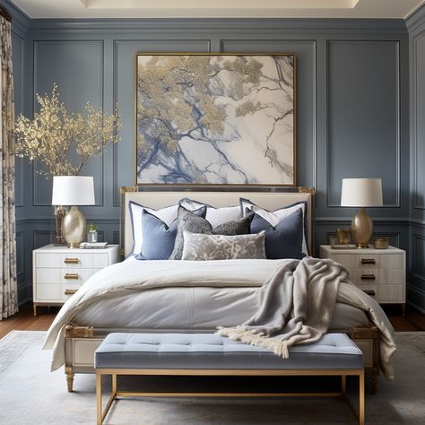 White Blue Room Bedrooms, Navy And Gold Master Bedrooms Decor, Grey Blue Master Bedrooms Decor, Luxury Bedroom Master Dark Blue, Home Decor Ideas Small Bedroom, Grey Blue Guest Bedroom, Master Bedrooms Decor Navy Blue, Blue Organic Modern Bedroom, Navy Blue Cream Bedroom