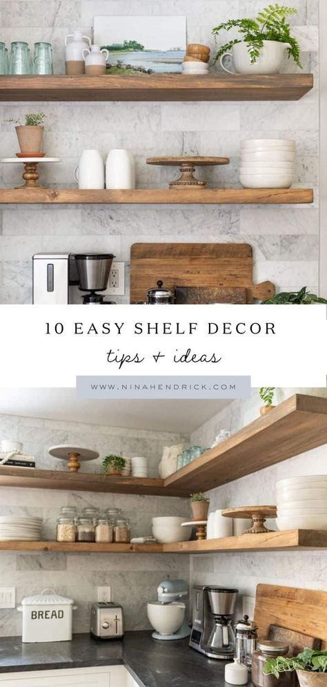 Styling Open Shelves In Kitchen Farmhouse, Open Shelving With Wallpaper, Open Shelf Kitchen Ideas Farmhouse, Butcher Block Decor Ideas, Pantry Styling Open Shelves, Floating Shelves For Kitchen Wall, Pantry Shelf Decor, How To Decorate Open Kitchen Shelves, Floating Shelves Spacing