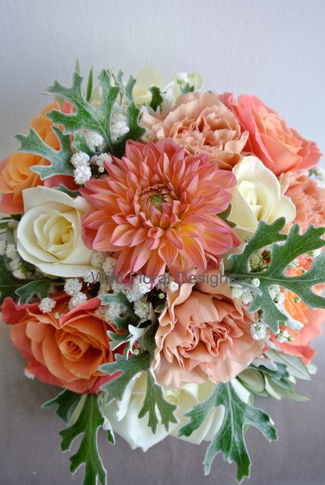 Coral wedding flowers, bridesmaids bouquet, Dahlia, Roses, Carnations, Gyp, Dusty miller. Dahlia Flower Wedding Bridal Bouquets, Coral Pink Bouquet, Coral Roses Bouquet, Dusty Coral Wedding, Pink And Peach Wedding Flowers, Coral Wedding Bouquet, Coral Bouquet, Flowers Bridesmaids, Homecoming Flowers