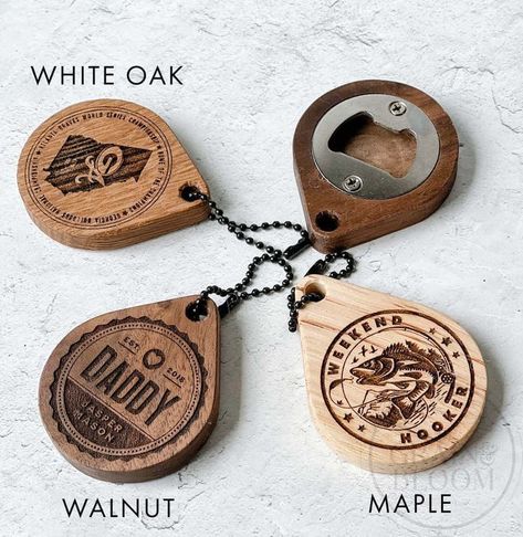 Engraved Keychains, Wood Laser Ideas, Custom Bottle Opener, Custom Keychains, Laser Cut Wood Crafts, Laser Engraved Ideas, Woodworking Projects For Kids, 3d Cnc, Woodworking Books