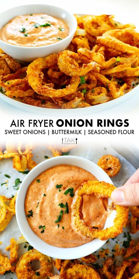 Shoestring Onion Rings Air Fryer, Kidney Friendly Air Fryer Recipes, Onion Ring Air Fryer, Onion Ring Appetizer, Air Fryer Batter, Onion Strings Air Fryer, Food Cravings Dinner Recipes, Homemade Onion Rings Air Fryer, Favorite Air Fryer Recipes