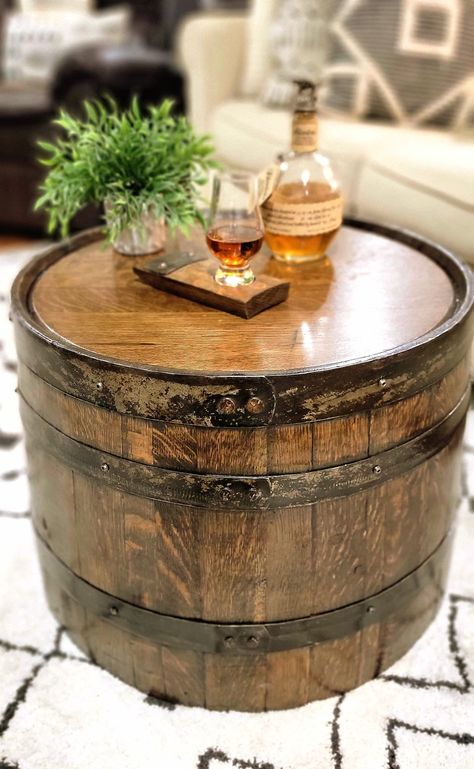 Half Whiskey / Bourbon Barrel Coffee Table Handcrafted From - Etsy Vintage Spring Decor, Home Lounge Room Bar, Wine Barrel Coffee Table, Bar Lounge Room, Bar Nook, Whiskey Lounge, Bourbon Room, Wine Barrel Table, Barrel Coffee Table