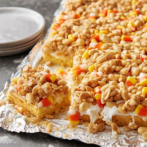 Candy Peanut Chews Recipe, Scarecrow Treats, Peanut Chews, Payday Bars, Candy Corn Sugar Cookies, Halloween Sweet Treats, Corn Cookies, Peanut Bar, Candy Corn Cookies