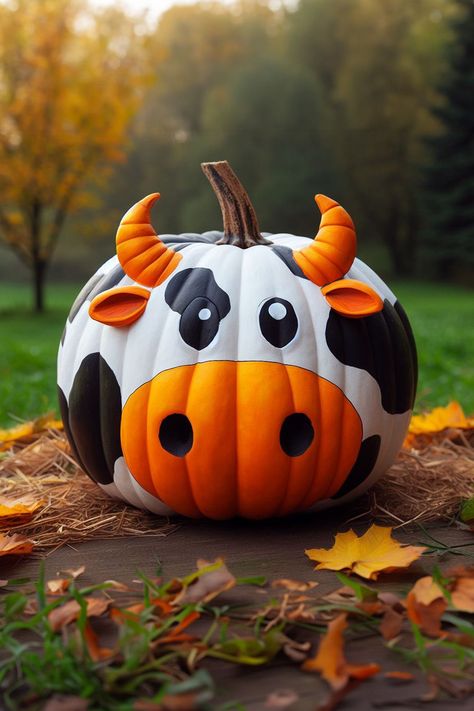 White Pumpkins Carving Ideas, Pumkin Decoration Ideas Craft, Cute Punkin Ideas, Lsu Pumpkin Painting, Pumpkin Art Contest, Cow Pumkin Painting, Cow Pumpkins Painting, Pumpkin Cactus Painting, Animal Pumpkins Painting