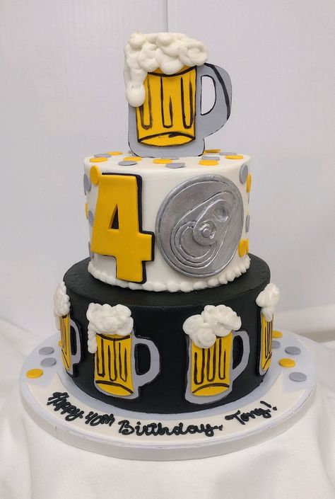 Tiered custom cake for 40th birthday iced in buttercream with fondant design details. Cheers to 40 years! #customcakes #40thbirthdaycake #beer #cheers #americandreamcakes.com #jacksonvillenc 40th Birthday Cakes For Men, 40th Birthday Themes, Cheers To 40 Years, 40th Birthday Men, 40th Birthday Cake, Ring Cake, Beer Cheers, 40th Birthday Cakes, Birthday Cakes For Men