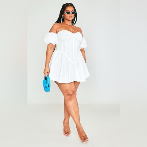 Nwt: Prettylittlething Plus White Broderie Puff Sleeve Shift Dress Sz:16 Plus Size Graduation Dress College, Plus Size Short White Dress, Short Dress Plus Size, Turquoise Mini Dress, Plunge Bodycon Dress, Tiered Ruffle Mini Dress, Lace Up Bodycon Dress, Floral Print Sundress, Tight Black Dress