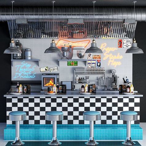 50s Diner Kitchen, Coffee Kiosk, 50's Diner, 50s Diner, Architecture Portfolio Design, Retro Diner, Felix The Cats, Cafe Interior Design, Beautiful Barbie Dolls