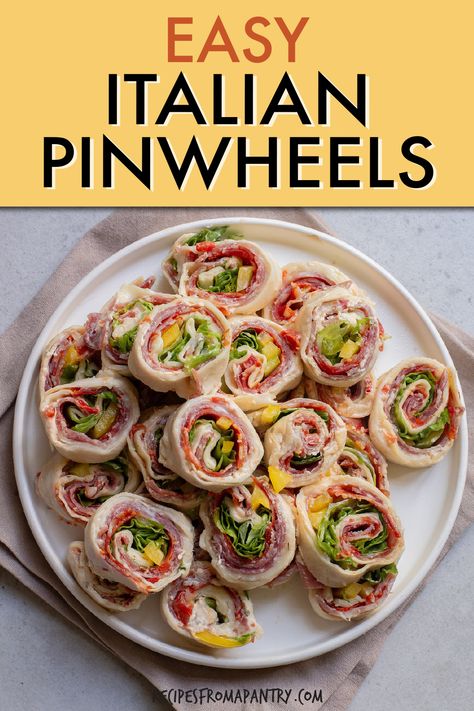 Irresistible Italian pinwheels feature a medley of savory ingredients like Genoa salami and pepperoni, cream and provolone cheeses, yellow bell and roasted red peppers, all rolled up in a soft tortilla. Pinwheels are a fun finger food that both kids and adults love! Whether you're entertaining a crowd or simply craving a savory treat, this Italian pinwheel recipe is a an easy and convenient dish that is sure to be a hit! Click through to get this awesome Italian Pinwheels recipe!! #pinwheels Italian Pinwheel, Italian Pinwheels, Meal Starters, Pinwheel Recipe, Poolside Snacks, Dash Recipe, Pinwheel Sandwiches, Tortilla Pinwheels, Pinwheel Appetizers