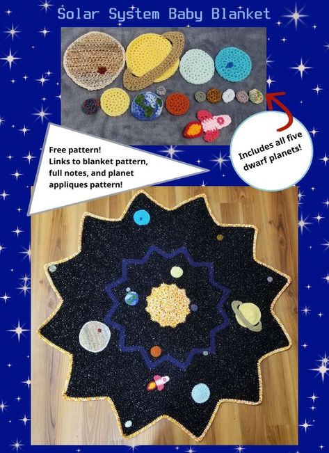 Full free patterns, including planets, rocketship, dwarf planets, notes for converting the base blanket pattern into a solar system blanket, and the base blanket pattern by Celeste Young. Outer Space Crochet Blanket, Galaxy Crochet Blanket Pattern, Galaxy Baby Blanket Crochet, Crochet Planet Applique, Solar System Crochet Blanket, Crochet Solar System Pattern, Space Themed Crochet Patterns, Planet Granny Square, Crochet Planets Solar System Pattern