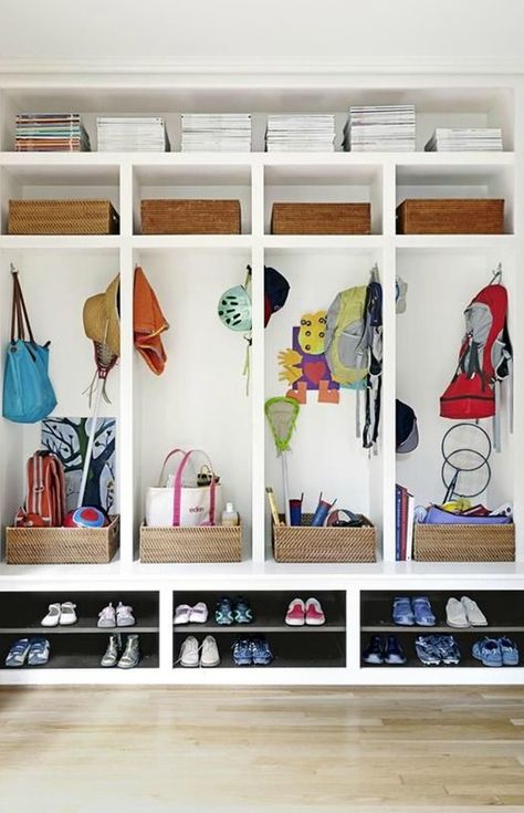 With the school year in full swing, get organized for fall by creating a storage system in your front entryway for backpacks, jackets, and shoes. Your kids will have a designated area to toss their belongings after school which means less clutter in the other parts of your home. School Bag Storage, Casa Garage, Mud Room Entry, Mudroom Lockers, Mudroom Organization, Mudroom Ideas, Mudroom Entryway, Mudroom Laundry Room, Mud Room Storage