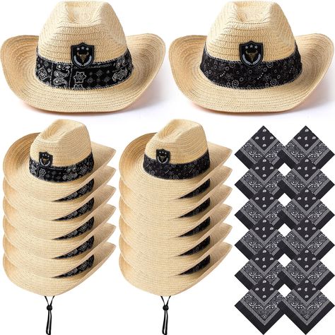 PRICES MAY VARY. Practical Set: you will receive 12 straw cowboy hats, and 12 polyester printed square scarfs, the quantities are enough to meet your daily use and replacement, or as holiday or birthday gifts for your family or friends Suitable Size: the size of each one size straw cowboy hat is approximate. 34 x 34 x 12 cm/ 13.39 x 13.39 x 4.72 inches, head circumference of 55 cm/ 22 inches, suitable for most people, and the hat is attached with a rope, which can be adjusted according to your h Head Bandana, Cowboy Costume, Western Theme Party, Straw Cowboy Hat, Western Accessories, Western Cowboy Hats, Cowboy Party, Cowboy Outfits, Cowboy Style