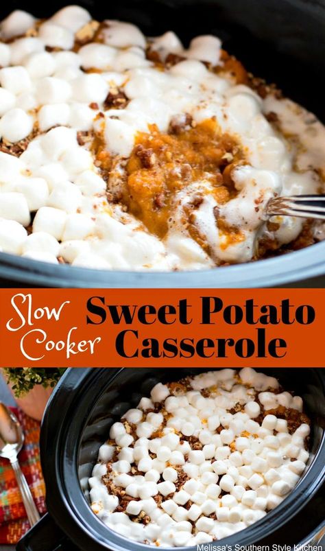 Slow Cooker Sweet Potato Casserole, Sweet Potato Casserole Crock Pot, Casserole Thanksgiving, Crock Pot Sweet Potatoes, Sweet Potato Casserole With Marshmallows, Sweet Potatoes With Marshmallows, Slow Cooker Sweet Potatoes, Brown Sugar Butter, Crock Pot Potatoes