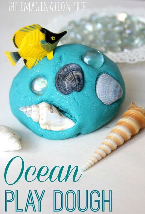 Ocean themed play dough recipe with loose parts like shells, gems, and plastic fish.  Such a simple way to bring the ocean to life for kids! Ocean Theme Crafts, Under The Sea Crafts, Sea Activities, Imagination Tree, Ocean Unit, Ocean Activities, Sea Crafts, Under The Sea Theme, Ocean Crafts