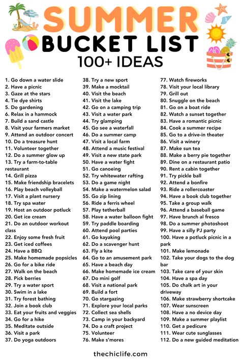 Summer Bucket List 100+ Ideas Summer Bucket List Ideas For Adults, Vacation Bucket List Things To Do, Summer Holiday Bucket List, Fun Summer Ideas For Teens, Cute Summer Ideas With Friends, Summer Bucket List Couples, Summer Bucket List Ideas For Teens, Summer Bucket List Adults, Summer Activities Adults