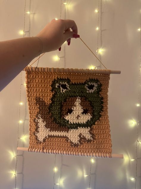 Cute animal crossing cat with a frog hat crochet tapestry :) Cute Crochet Tapestry, Funny Tapestry Crochet, Cat Tapestry Crochet, Cat Crochet Tapestry, Animal Crossing Crochet, Tapestry Crochet Cats, Crochet Tapestry Pattern Frog, Bug Tapestry Crochet, Animal Crossing Cats