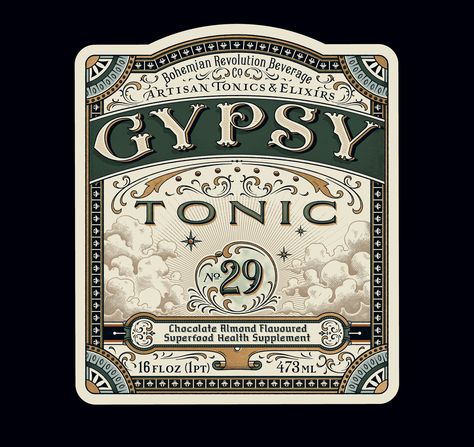 A new label design for the Bohemian Revolution Beverage Companies health food drink Gypsy Tonic. The design draws inspiration from the look and feel of the 1800’s Apothecary scene. Apothecary Graphic Design, Vintage Packaging Ideas, Gothic Packaging, Victorian Packaging, 1800s Apothecary, Vintage Packaging Design, Apothecary Art, Apothecary Design, Old Packaging