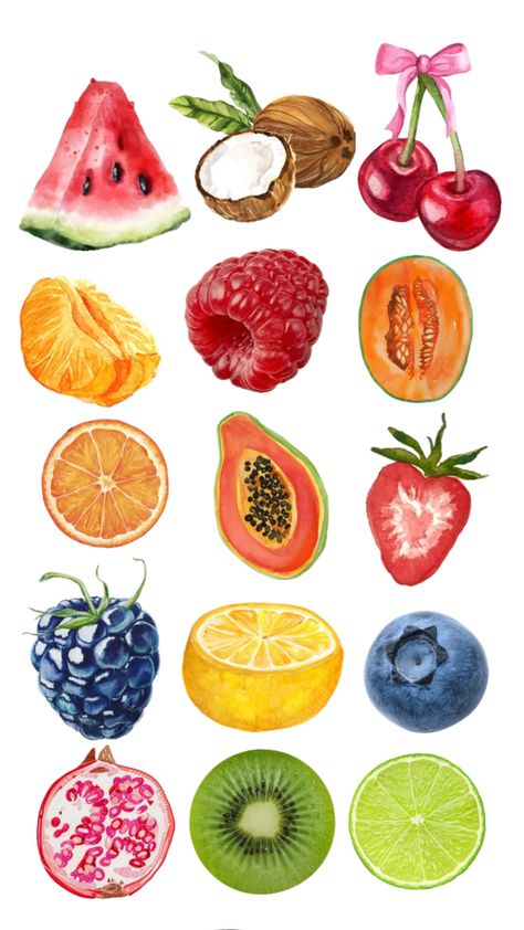 Fruit Collage, Fruits Drawing, Cute Summer Wallpapers, Scrapbook Printing, Watercolor Fruit, Art Wallpaper Iphone, Fruit Art, Art Collage Wall, Summer Wallpaper