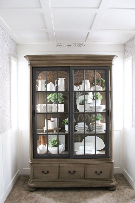 How To Paint A Cabinet To Look Distressed, China Cabinet Decor, Restoration Hardware Look, Restoration Hardware Paint, China Cabinet Makeover, Beautiful French Doors, Painted China Cabinets, China Cabinet Display, Glass French Doors