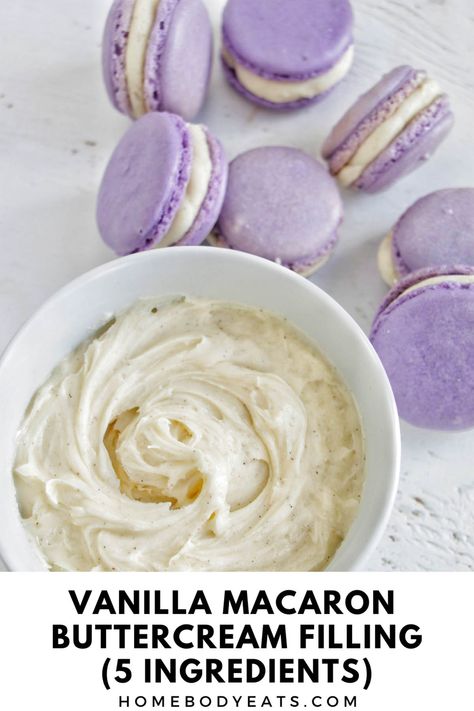 This five-ingredient vanilla buttercream is the perfect macaron filling everyone will love. It's a versatile filling for macarons that can be eaten alone or paired with jam or curd. This is my favorite frosting to sandwich in between my macarons - it's SO delicious! Vanilla Buttercream For Macarons, Buttercream Recipe For Macarons, Butter Cream For Macaron, Macaroons Buttercream Filling, Macaroon Buttercream Filling Recipe, Macaroon Frosting Recipe, Macaron Icing Recipe, Best Macaron Filling Recipe, Vanilla Macaron Filling Recipe