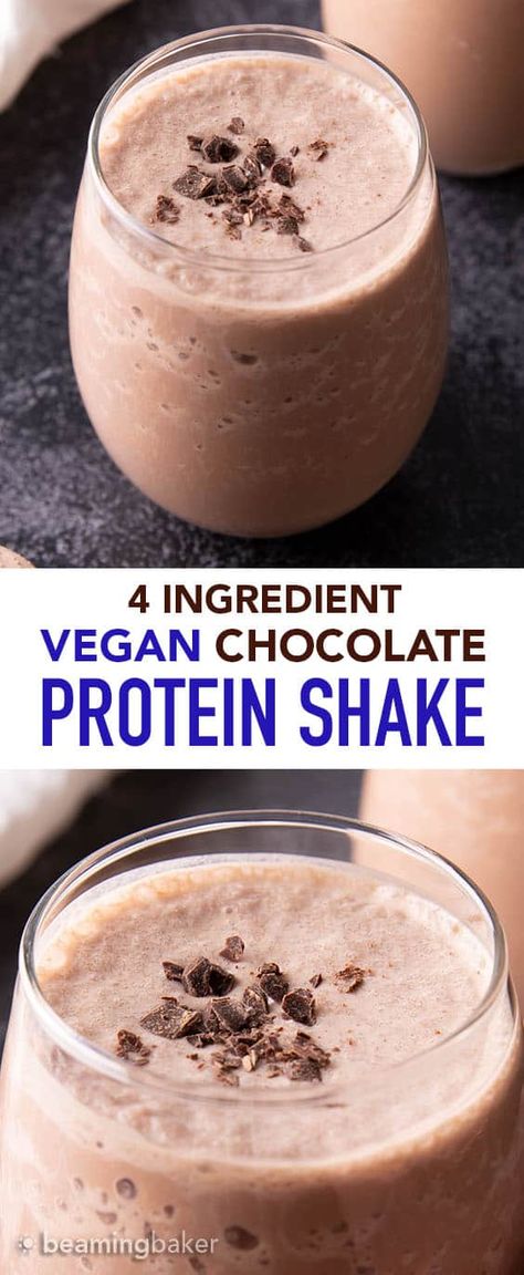 Chocolate Vegan Protein Shake Recipe (V, GF): all you need are 5 minutes & 3 ingredients to make the EASIEST & best vegan protein shake recipe—delicious, healthy & protein-rich! 22g of protein per serving. Low Sugar, Gluten Free. #Vegan #Protein #Shake #Recipe | Recipe at BeamingBaker.com High Protein Shake Recipes, Vegan Peanut Butter Cups, Peanut Butter Protein Shake, Protein Shake Recipe, Vegan Protein Shake, Vegan Shakes, Chocolate Peanutbutter, Best Vegan Protein, Chocolate Protein Shakes