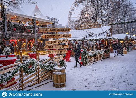 Photo about Traditional Christmas market with falling snow, Oslo, Norway. Image of christmas, outdoor, downtown - 168488008 Oslo Christmas Market, Christmas Market Ideas, Christmas In Norway, Oslo Winter, Norway Christmas, Travel Norway, Norway Winter, Norwegian Christmas, Christmas Eve Traditions