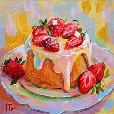 Gouache Ideas, Cake With Strawberries, Seni Pastel, 귀여운 음식 그림, Arte 8 Bits, Food Painting, Oil Pastel Art, Dessert Cake, Arte Sketchbook