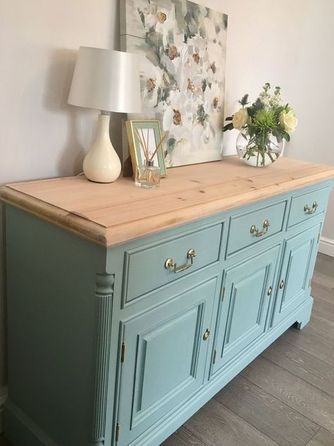 Upcycled Buffet Cabinet, Upcycled Living Room Furniture, Upcycled Oak Furniture, Oak Sideboard Makeover, Buffet Table Flip, Natural Wood And Painted Furniture, Pine Sideboard Upcycle, Stained Top Painted Bottom Furniture, Restored Buffet Cabinet